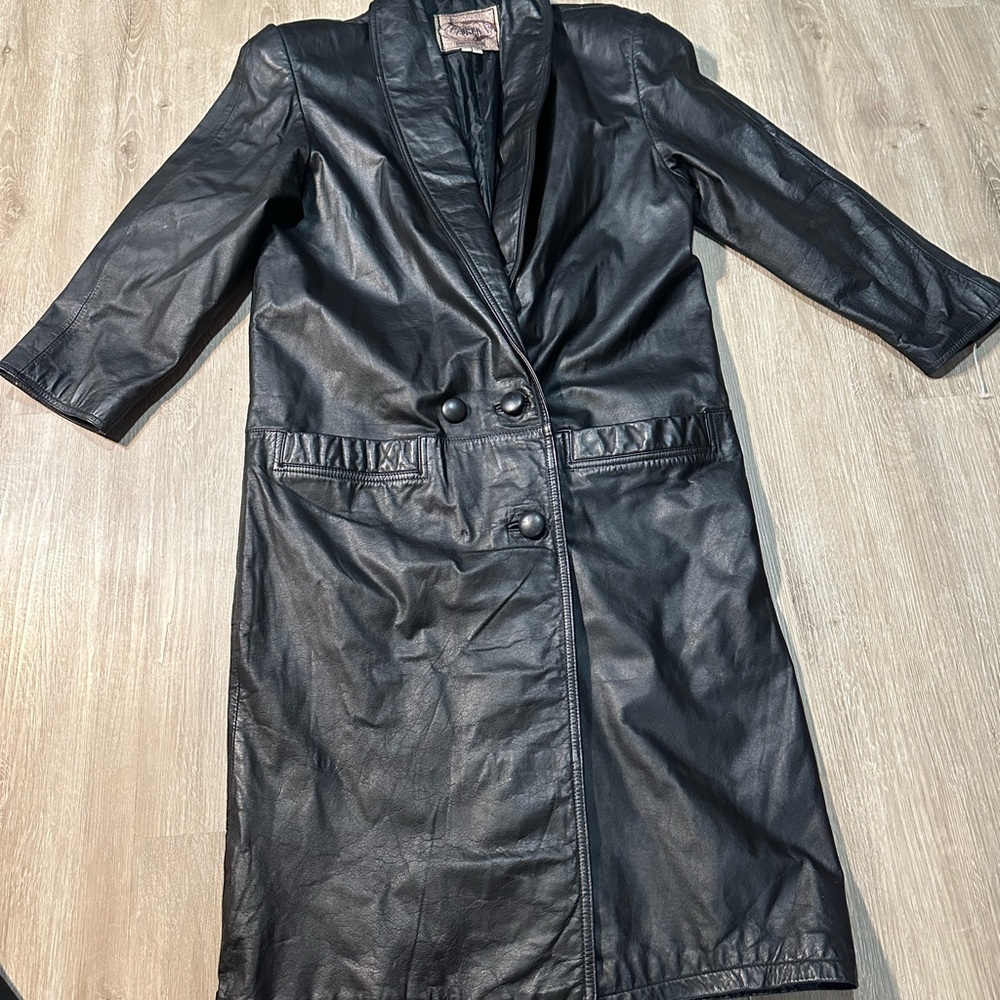 International Leather Vintage Black Long Coat 90s Minimalist Petite Small